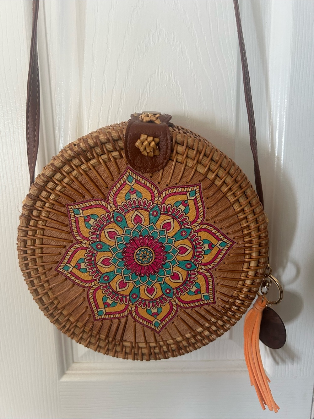Boho Carabo Branded Round Rattan Crossbody Bag with Pink & Turquoise Mandala